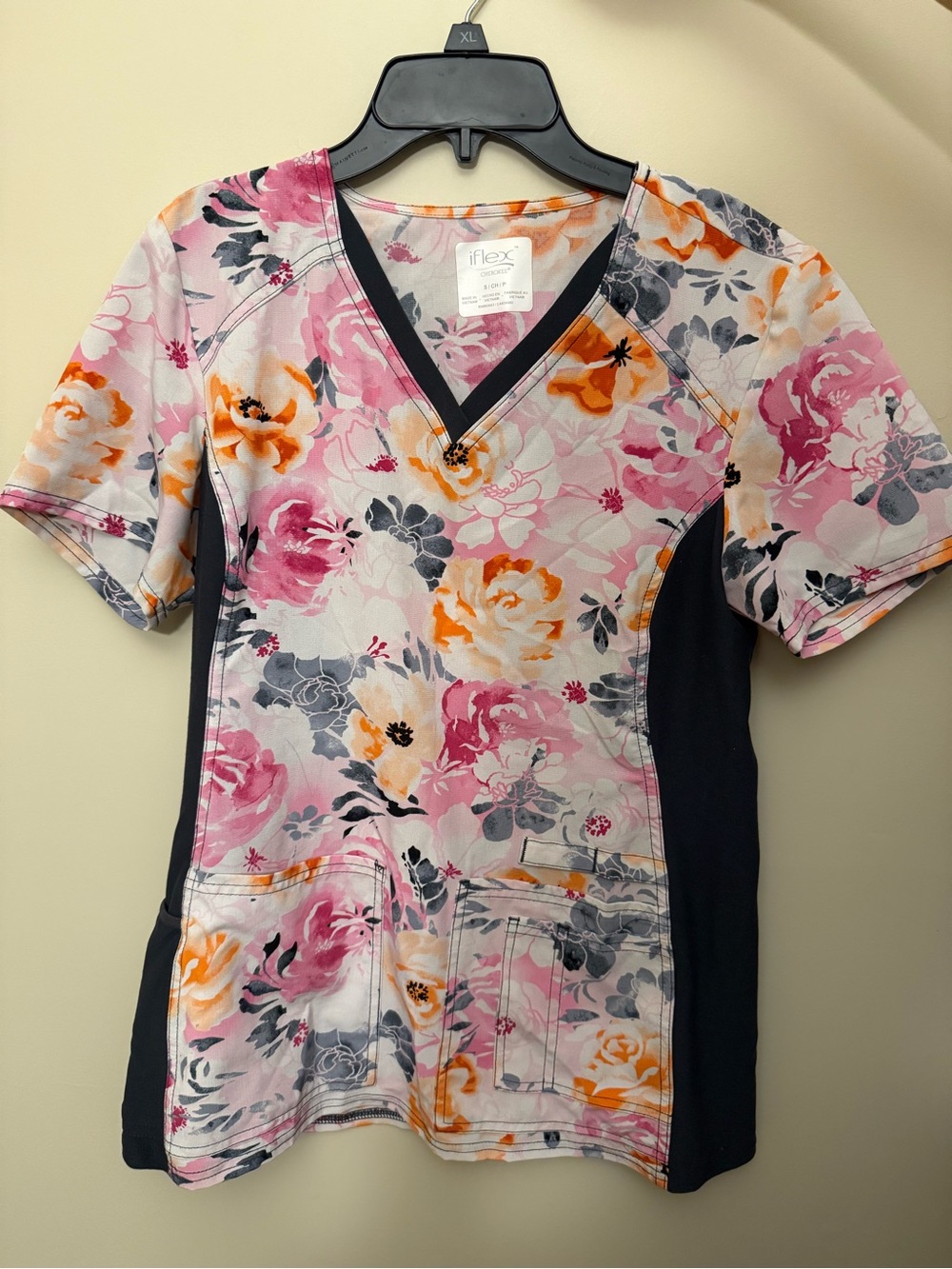 Cherokee Floral Scrub Top in Pink, Orange, Gray, Black